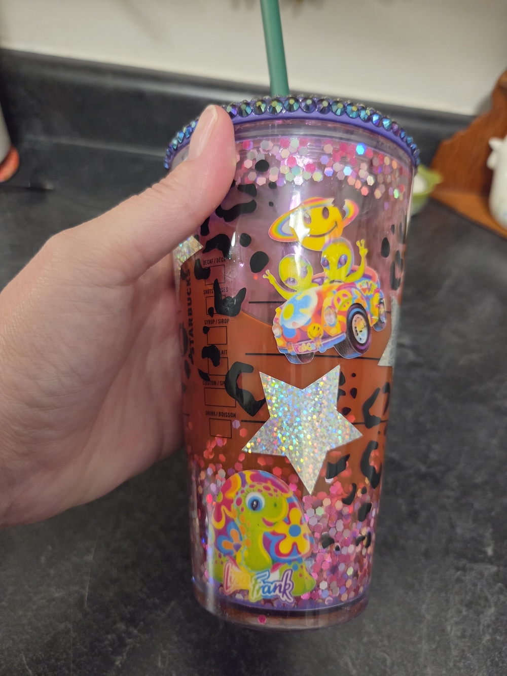 Starbucks Pink Glitter Tumbler with Green Straw and Holographic Accents